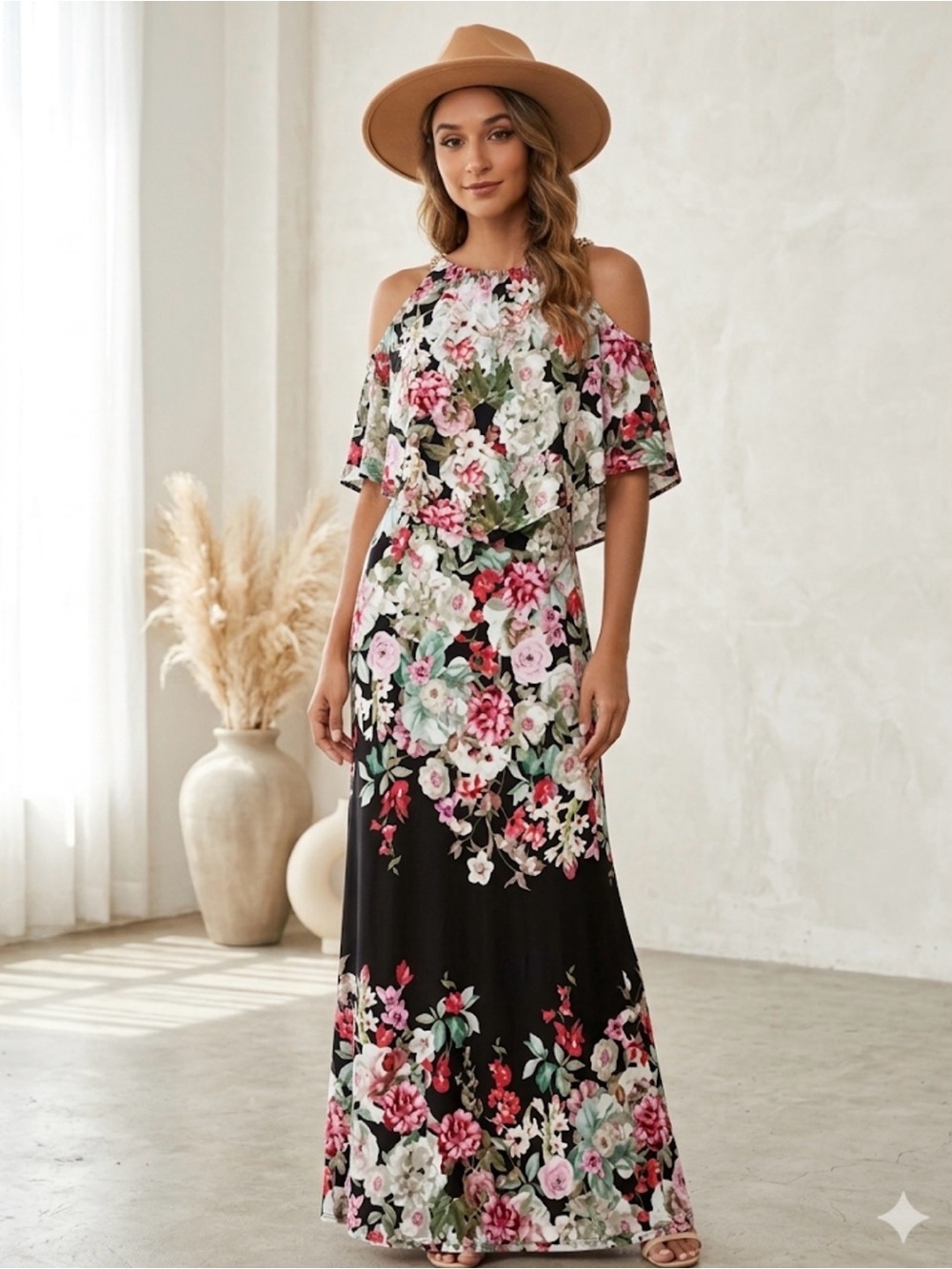 Thalia Sodi Black Floral Maxi Dress with Pink & Green Accents